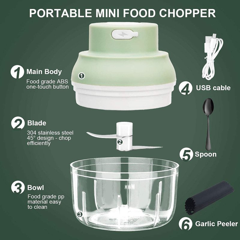Electric Garlic Chopper Mini, Garlic Masher Crusher, Food Processor Small with Garlic Peeler And Spoon (100ML/3.3FL OZ, Green) 3.1 * 3.1 * 3.9 IN