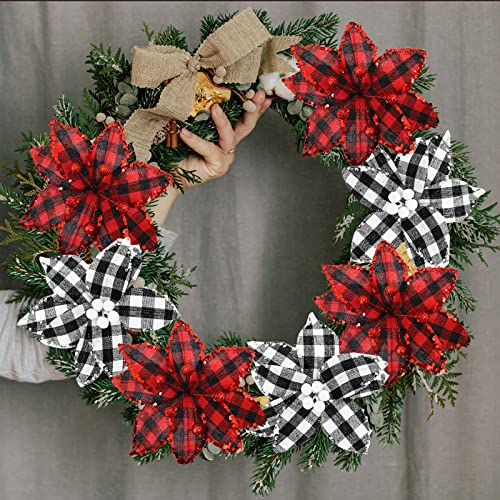 12 Pcs Christmas Buffalo Plaid Poinsettia Ornaments with Glitter - Holiday Tree Decorations