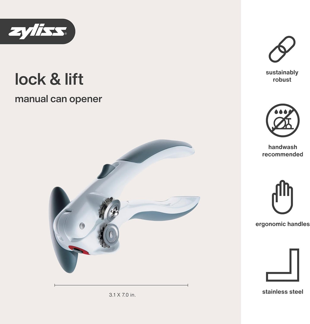 Zyliss Lock N' Lift Can Opener - Easy Manual Opener with Lid Lifter Magnet - White/Gray