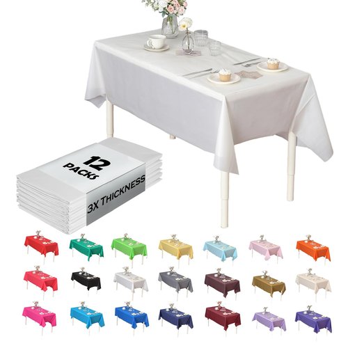 Evershine (12-Pack Heavy Duty Plastic Table Covers Tablecloth (Reusable) (Rectangle 54" X 108", White)