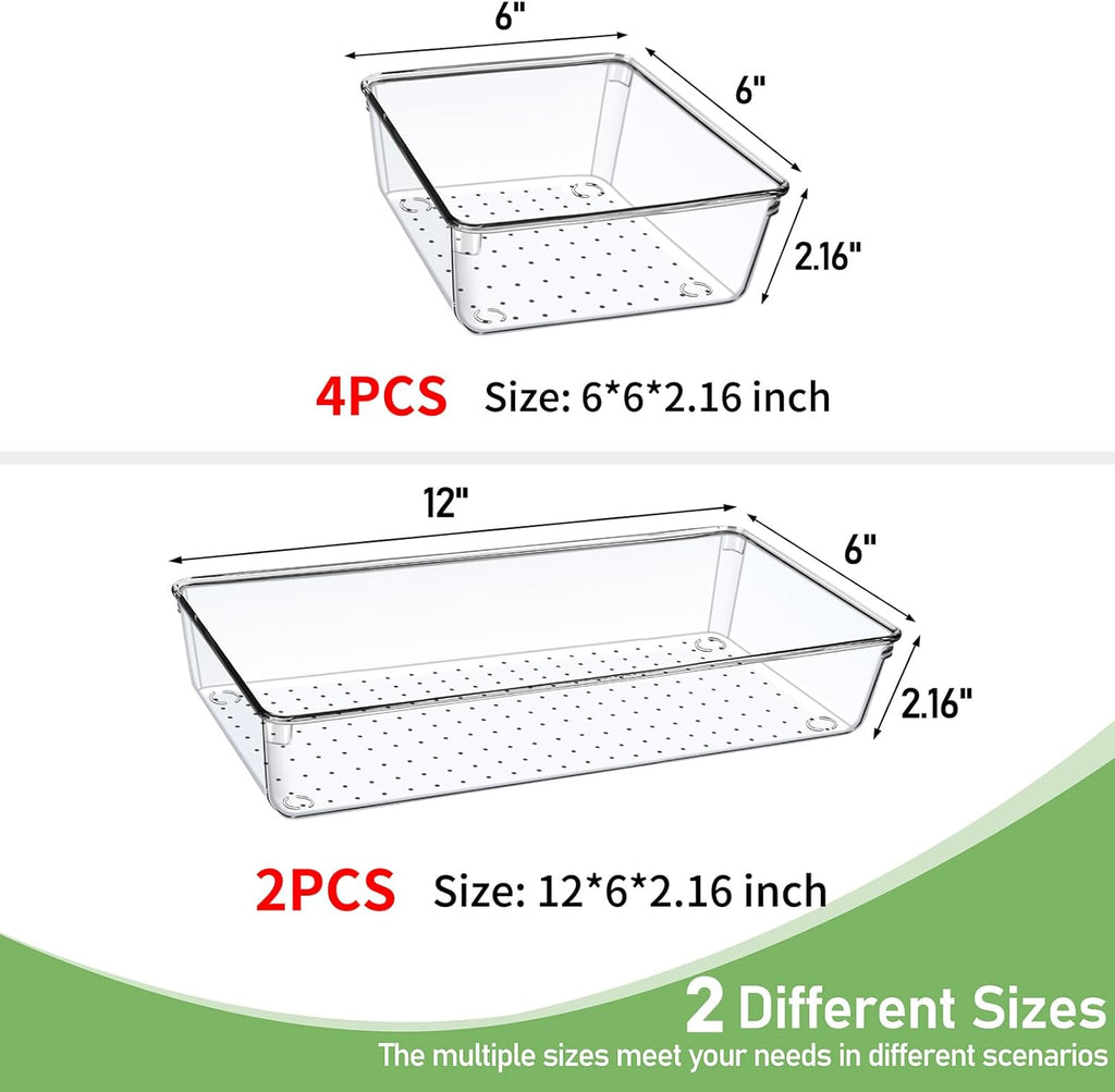 Skiennix 6 PCS Clear Plastic Drawer Organizer Trays - Large Size for Makeup, Kitchen & Office | 12'' Acrylic Design