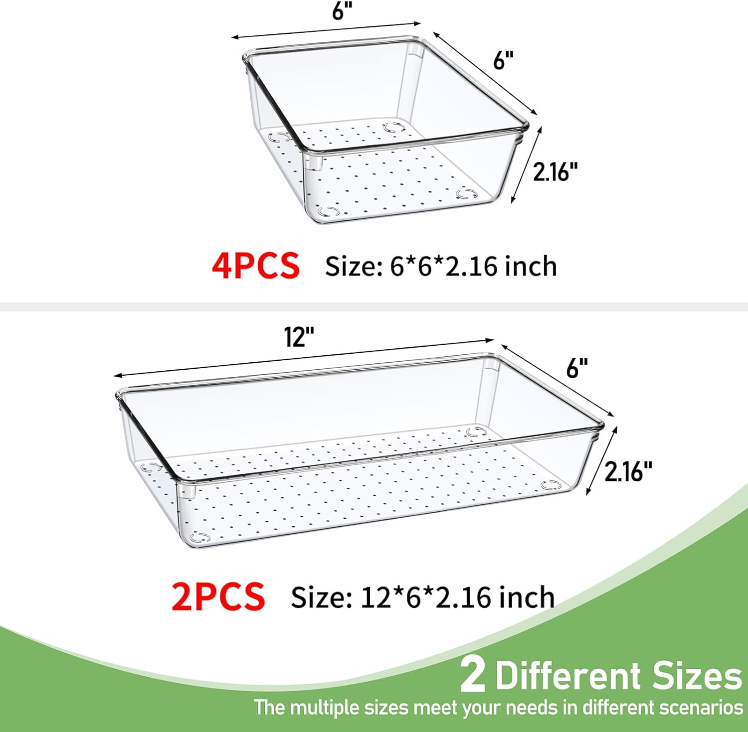 Skiennix 6 PCS Clear Plastic Drawer Organizer Trays - Large Size for Makeup, Kitchen & Office | 12'' Acrylic Design