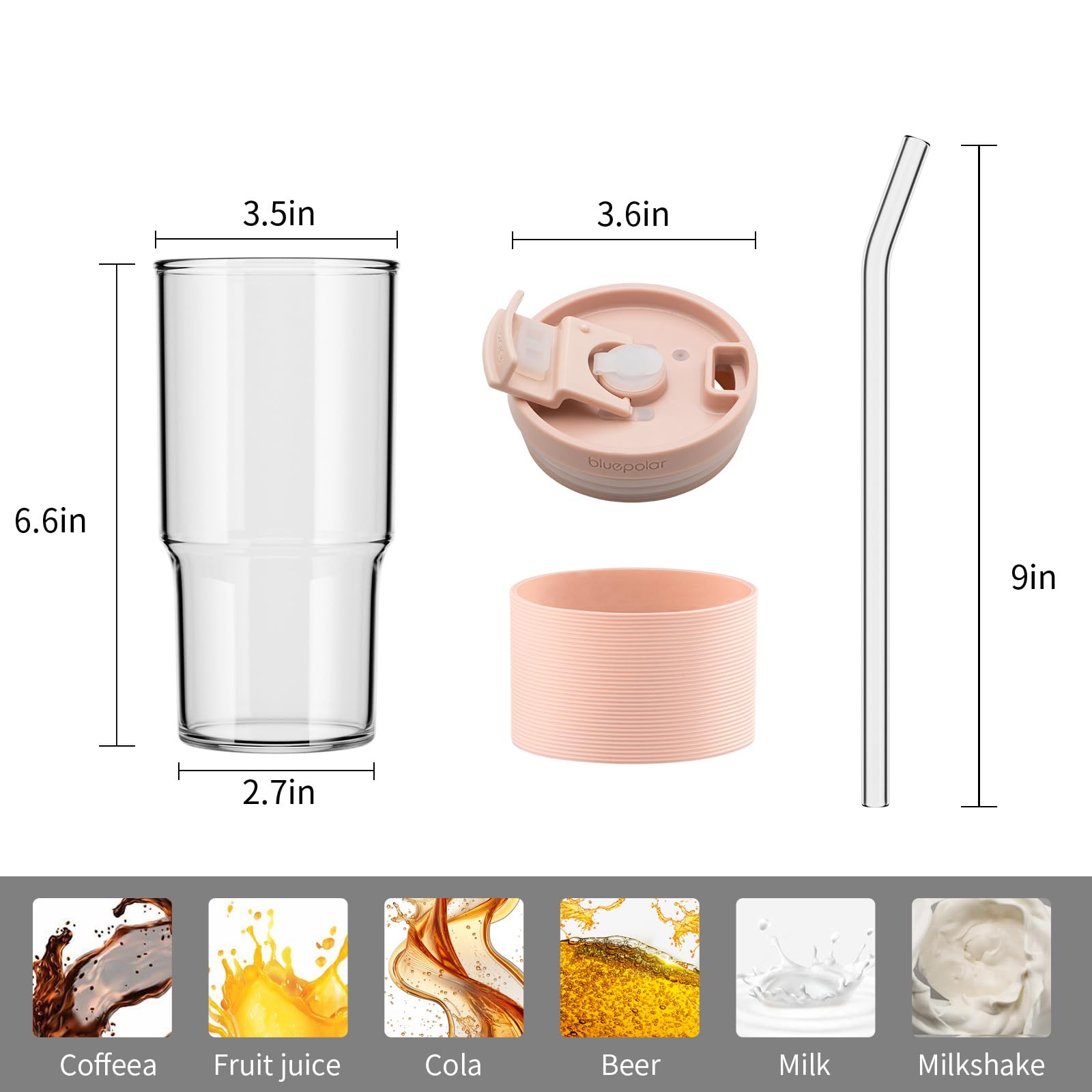 23oz/680ml Glass Tumbler with Straw and Lid - Matcha Leak-Proof Portable Travel Water Glass Cup for Smoothies, Iced Coffee,Matcha and Cold Beverages - Durable and Eco-Friendly (Pink with Sleeve)