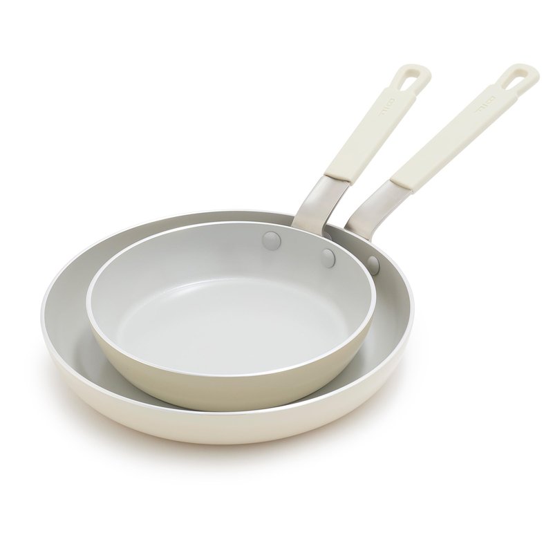 GreenPan x Bobby Flay 2 Piece- 8” and 10” Nonstick Frying Pan Skillet Set, PFAS-Free Diamond Ceramic, Induction Suitable, Stay-Cool Silicone Handle, Easy Clean Dishwasher & Oven Safe, Cream