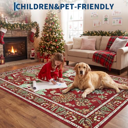 Garvee Red 4x6 Christmas Area Rug with Tree & Animal Prints - Festive Home Decor