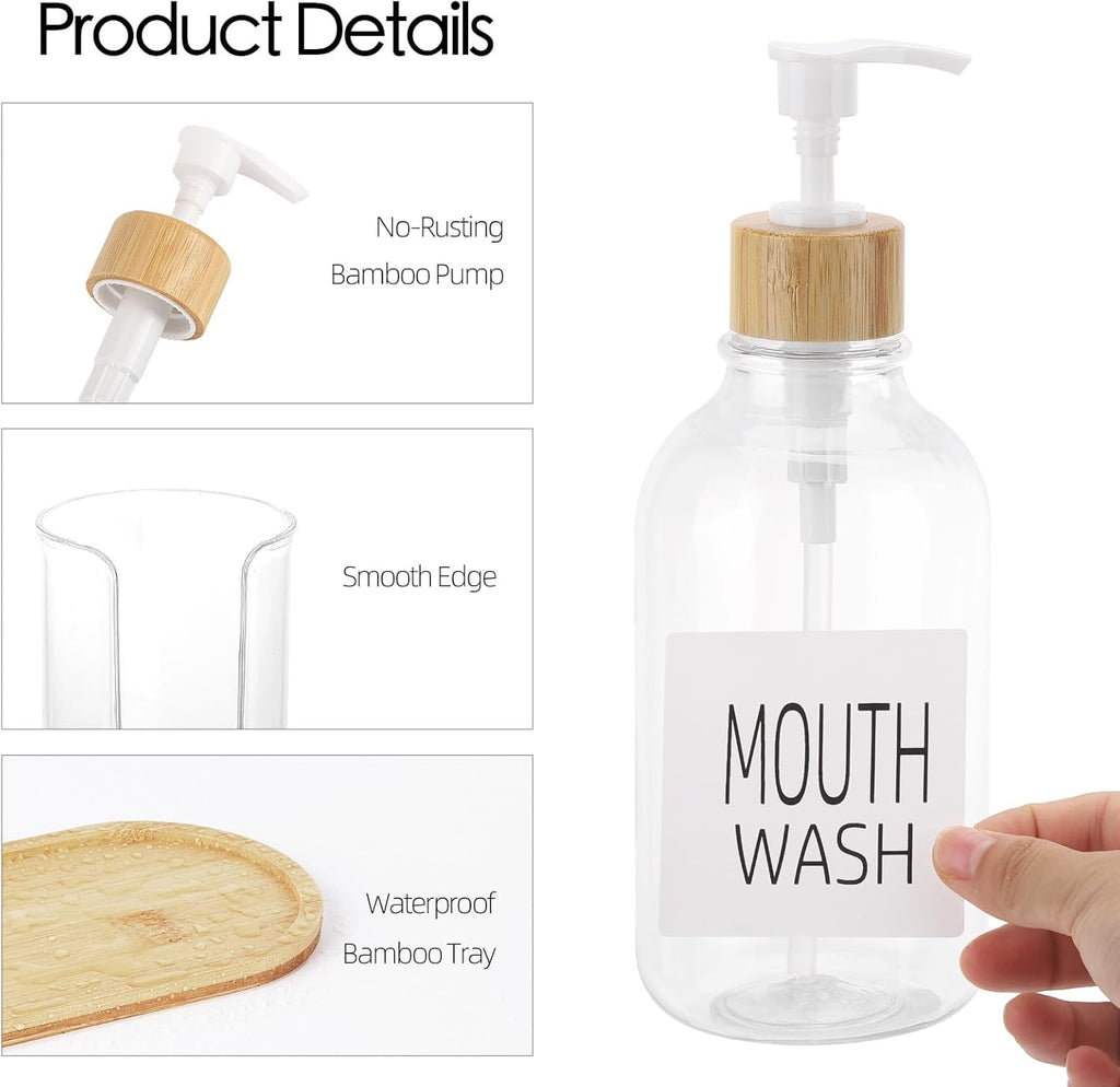 Regine Switzerland Mouthwash Dispenser - 17oz Refillable Clear Pump Bottle with Cup Holder & Tray