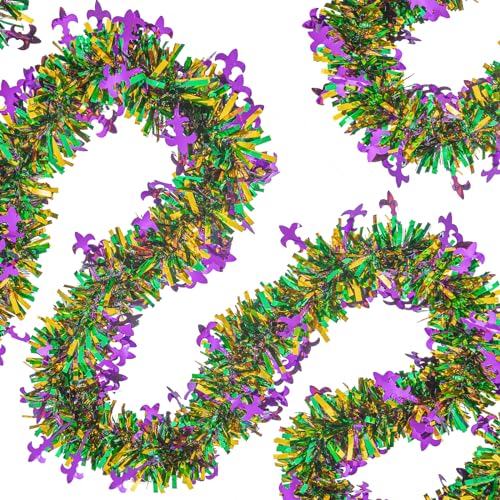 Mardi Gras Tinsel Garland - 33ft Metallic Purple, Green & Gold Decor