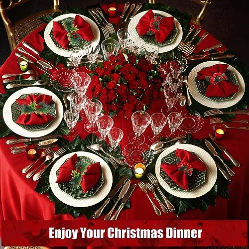 Geiserailie 12 Pcs Christmas Napkin Ring Holders, Wreath Style, Green Red (Green Leaves & Red Fruit)