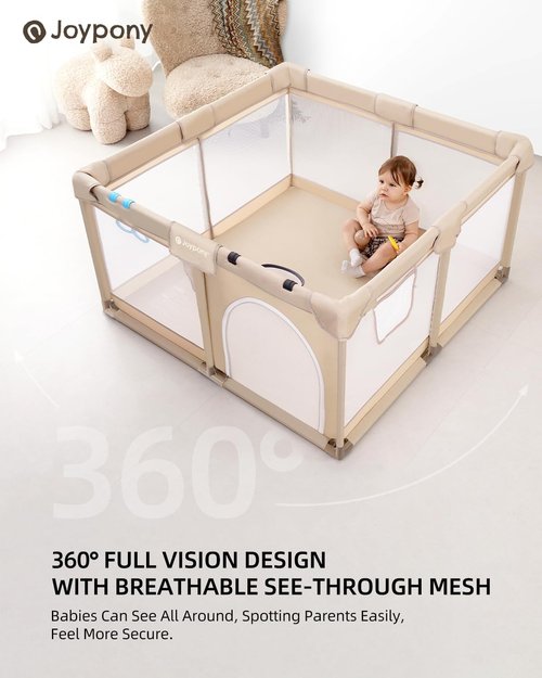 Joypony Baby Playpen - 50x50 Inch Safe Play Yard for Babies & Toddlers | Soft Mesh Design (Beige)