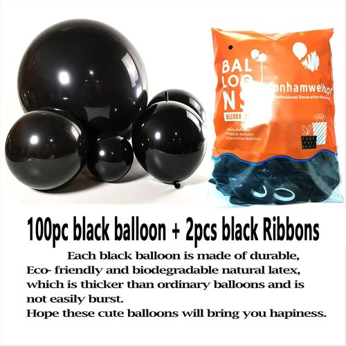 Jonhamwelbor Black Balloons - 12 Inch Metallic Chrome Latex Balloons | 100 Pack for Parties & Events