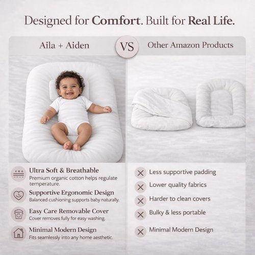 Aila + Aiden Baby Lounger - Organic Cotton Infant Lounger | Adjustable & Portable Floor Lounger - Soft, Breathable Cover (White)