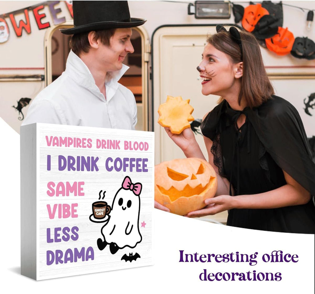 Skiennix Halloween Office Decor - Cute Ghost Coffee Bar Wooden Box Sign | 5x5 Inches for Home & Shop