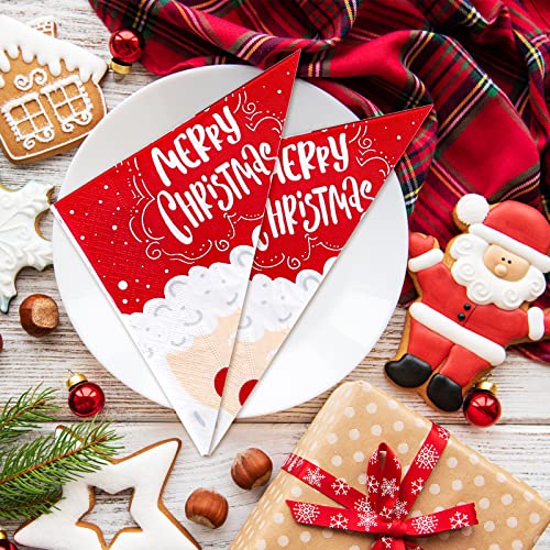 Whaline 100 Pack Merry Christmas Santa Napkins 6.5x6.5in Red/White 2-Ply Disposable Party Napkins