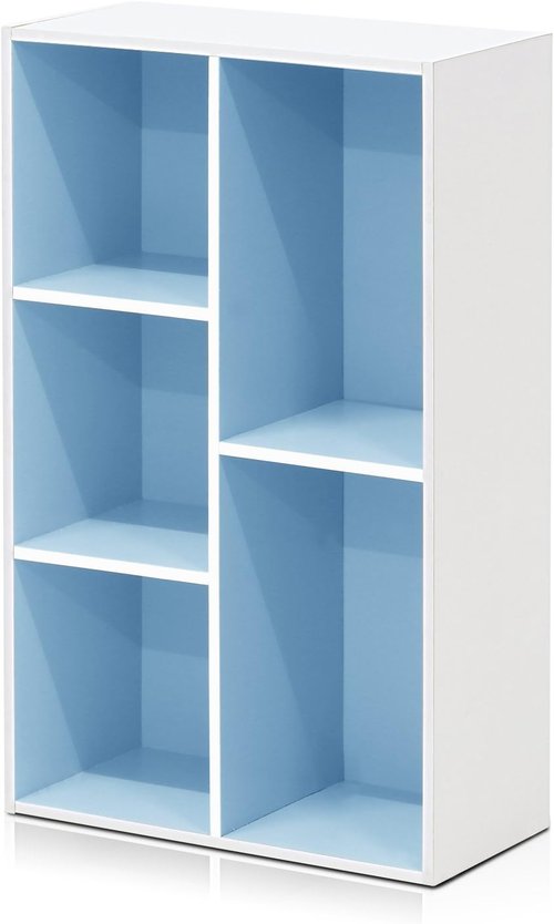 Furinno LUDER 5-Cube Bookshelf - Reversible Design, Easy Assembly | White & Light Blue, 9.4 x 19.5 x 31.5