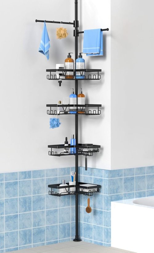 KEGII Black Shower Caddy - Adjustable Tension Pole Organizer with 2 Towel Bars | Rustproof Bathroom Storage 25–114.2 Inch