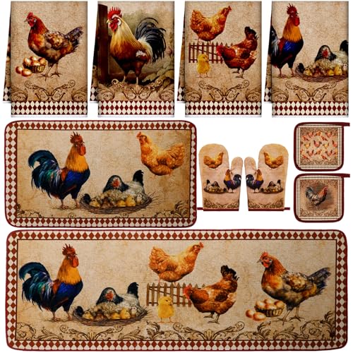 10-Piece Rustic Rooster Kitchen Decor Set: Towels, Rugs, Mitts & Holders