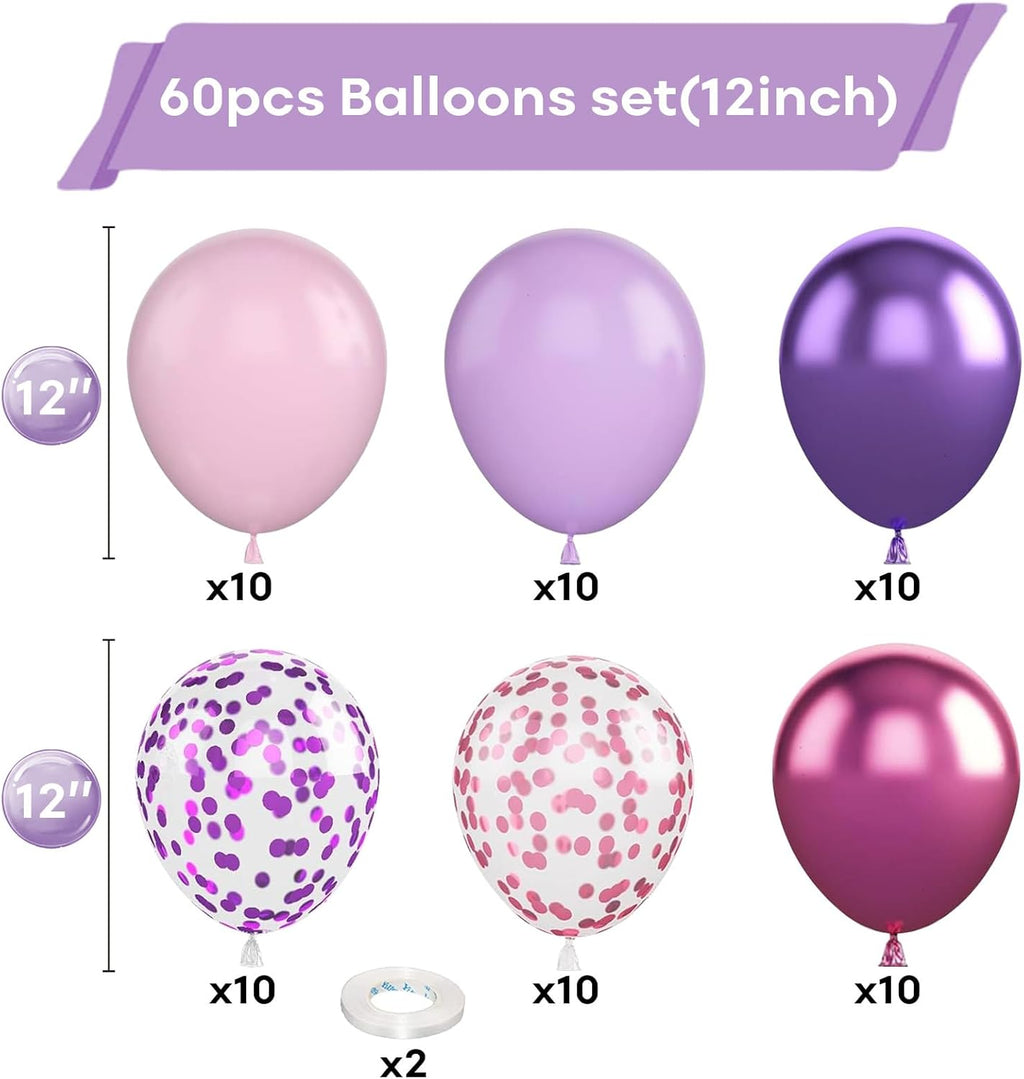Togvu 12-Inch Metallic Purple Pink Balloons - 60 Pack Confetti Latex for Birthday & Baby Shower Decor