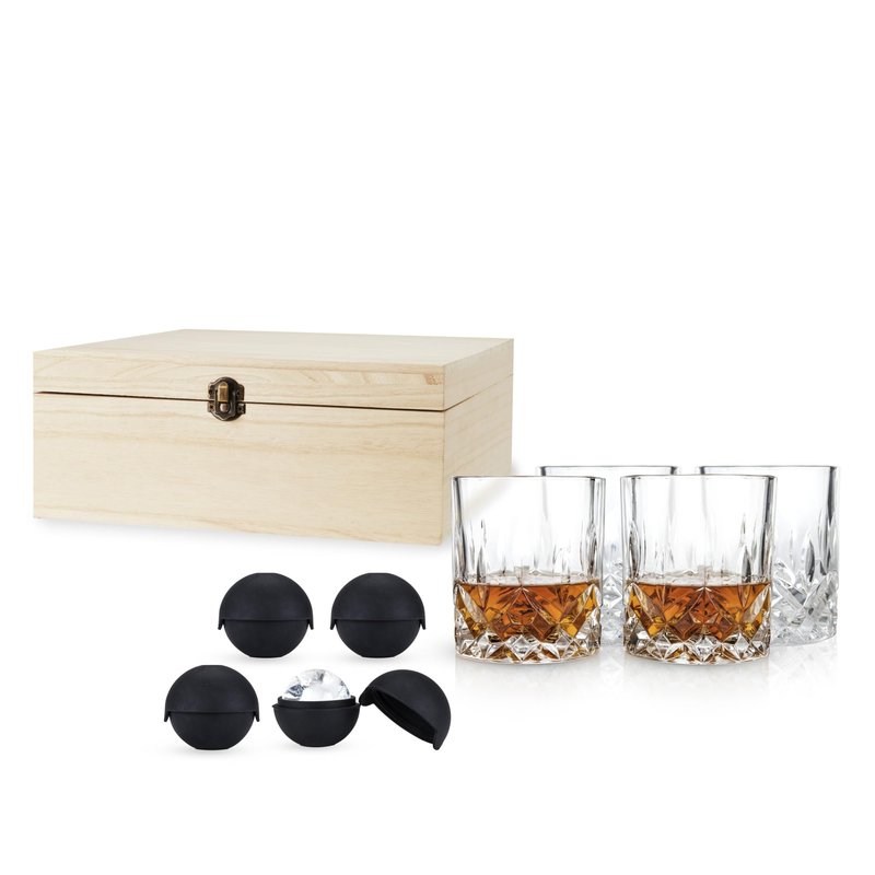 Viski Whiskey Glasses and Ice Sphere Molds Set in Wooden Gift Box, Stylish Lowball Glasses and Silicone Ice Molds, Elegant Barware for Cocktails, Margarita, Bourbon, Home Bar, Wedding Gifts, Set of 8