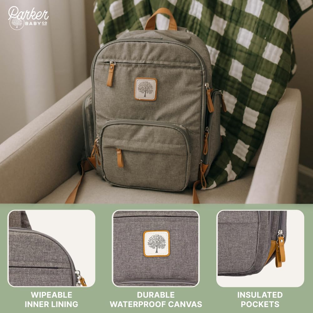 Parker Baby Diaper Backpack - Full Zip Diaper Bag with Insulated Pockets - Stylish Gray Design