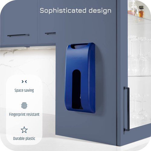 Manterio Plastic Bag Holder | Durable Plastic Wall Mount Kitchen Grocery Bag Storage Organizer | Smudge Proof, Fingerprint Resistant | Blue