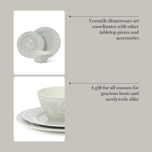 Martha Stewart Dinnerware Set - Maiden Crown 12-Piece Floral Dish Set in Sage Green | Microwave & Dishwasher Safe