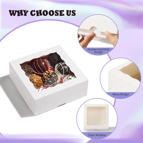 RomanticBaking 51PCS 5x5x2 Inch Bakery Boxes,Cookie Boxes with Window, Pastry Boxes for Macaroon Dessert Cupcake Donut Pastry Muffins