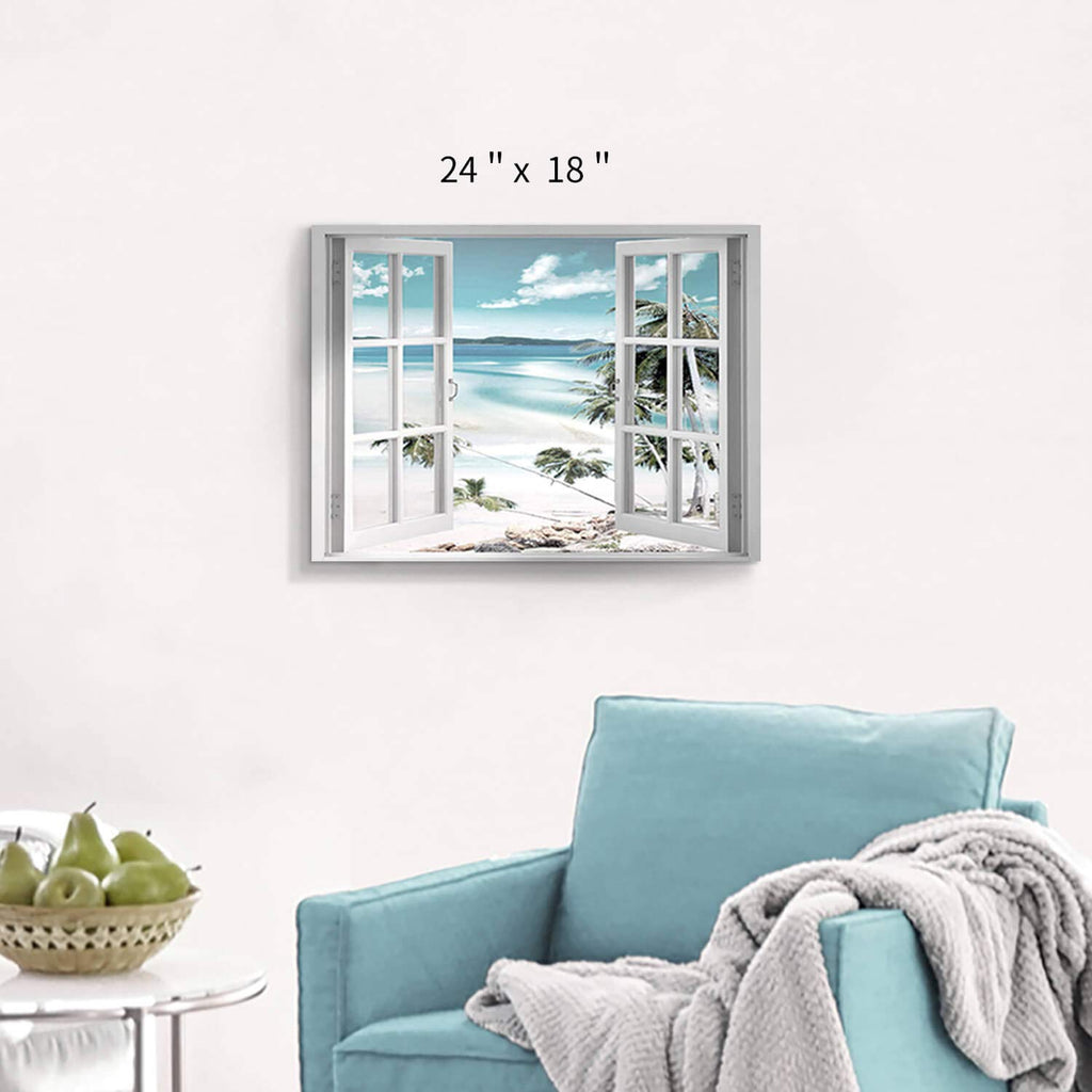 Hardy Gallery Open Windows Canvas Wall Art: Beach with Coastal Palm Graphic Artwork Print on Wrapped Canvas for Wall Decor(24''x18'')