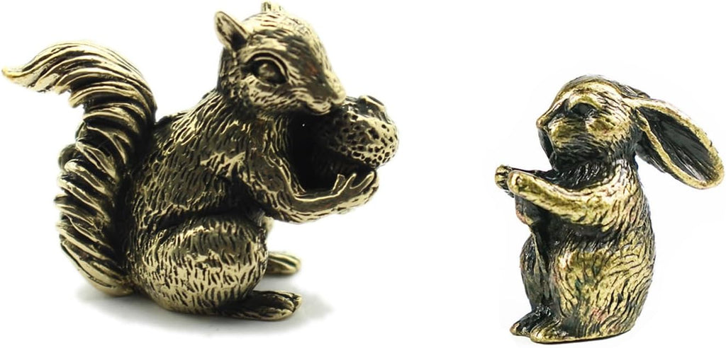 Skiennix Antique Bronze Squirrel & Rabbit Statues - Solid Copper Figurines | Unique Desk Decor