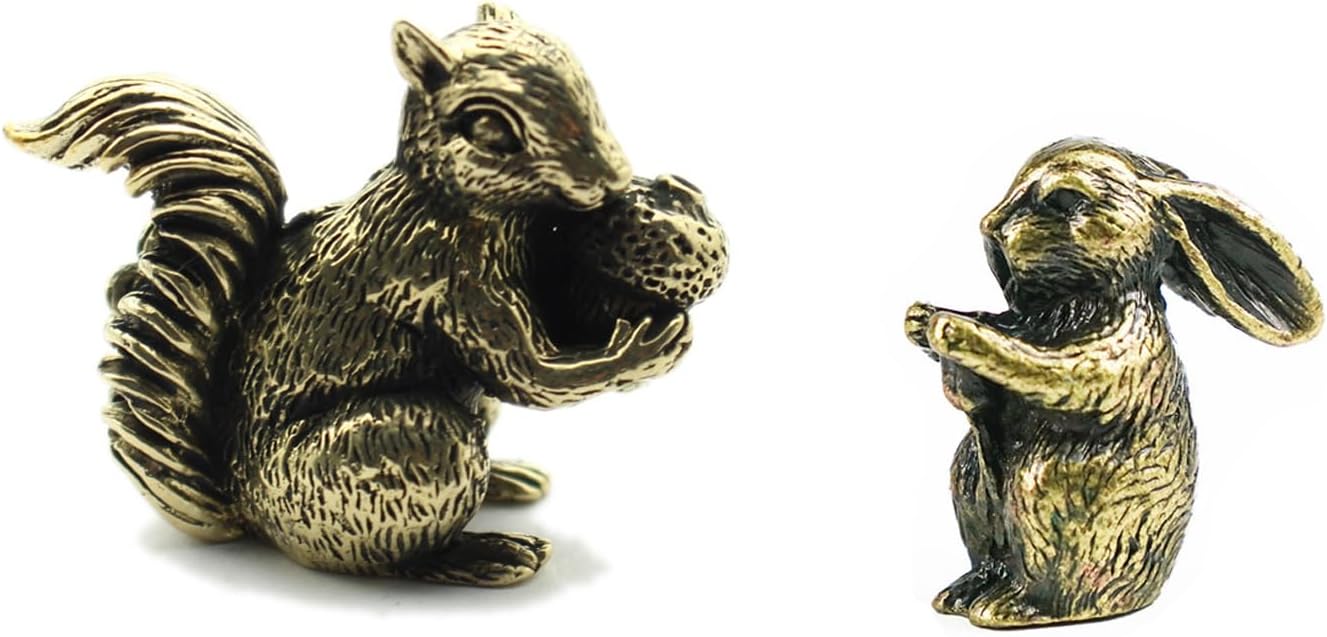 Skiennix Antique Bronze Squirrel & Rabbit Statues - Solid Copper Figurines | Unique Desk Decor