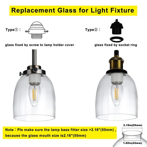 Clear Glass Shades Replacement for Ceiling Fan 4 Pack, Ceiling Fan Light Covers Replacement for Light Fixtures Vanity Pendant Lighting Chandeliers, 2-1/8" Fitter, 4.76 inch Diameter