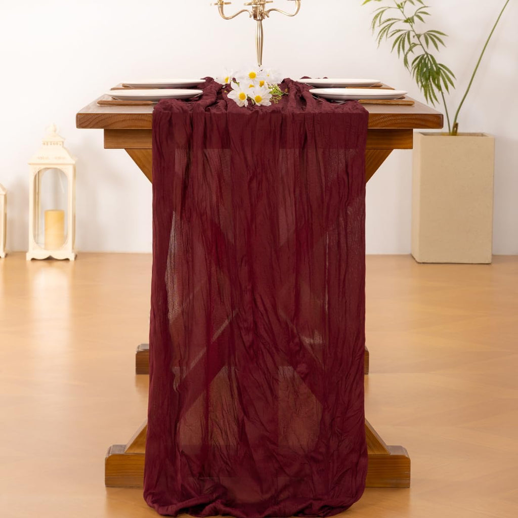 Socomi Burgundy Red Table Runner - Boho Rustic Cheesecloth 120 Inch for Weddings & Home Decor