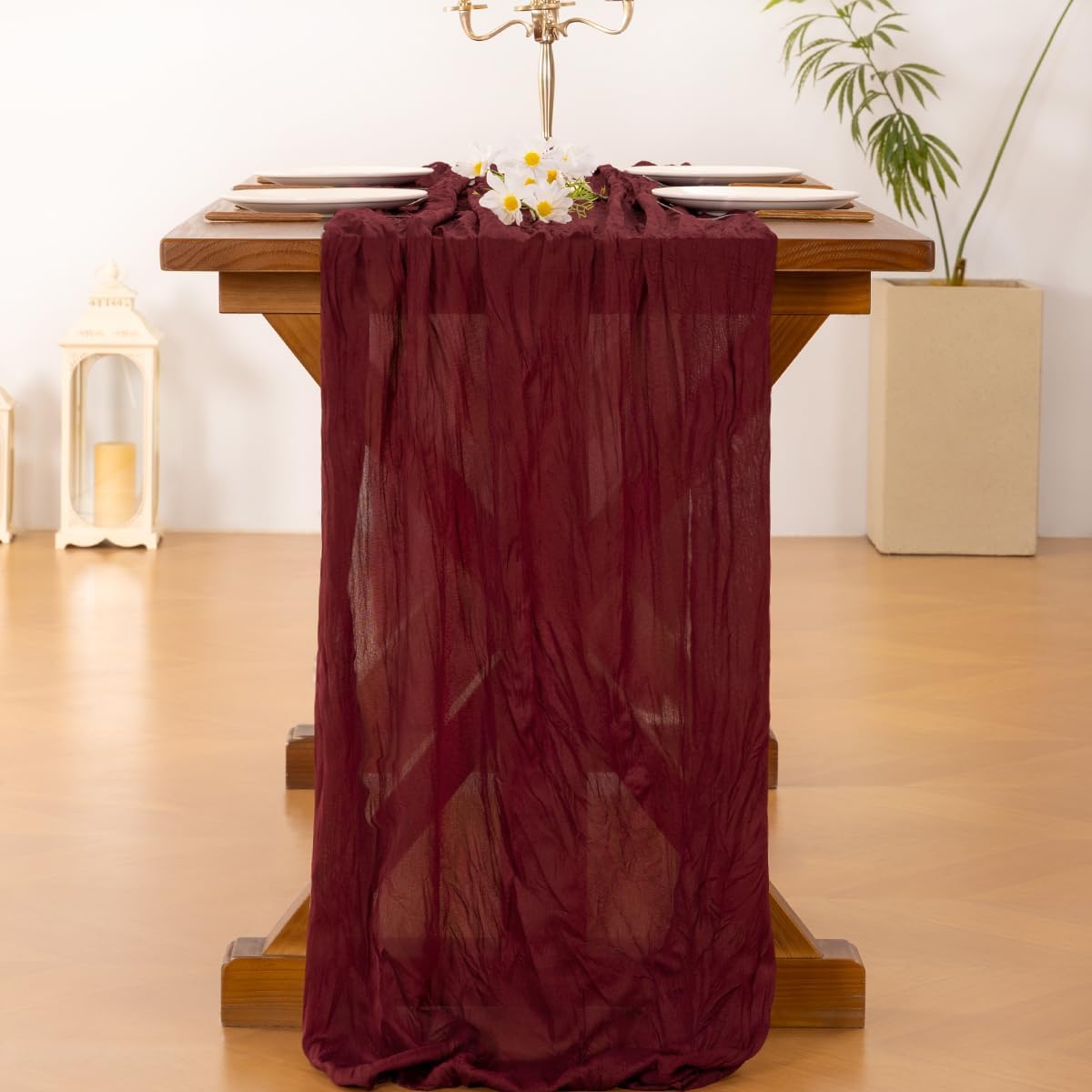 **Socomi Burgundy Red Cheesecloth Table Runner - 120 Inch Boho Rustic Sheer Decor for Weddings & Events**