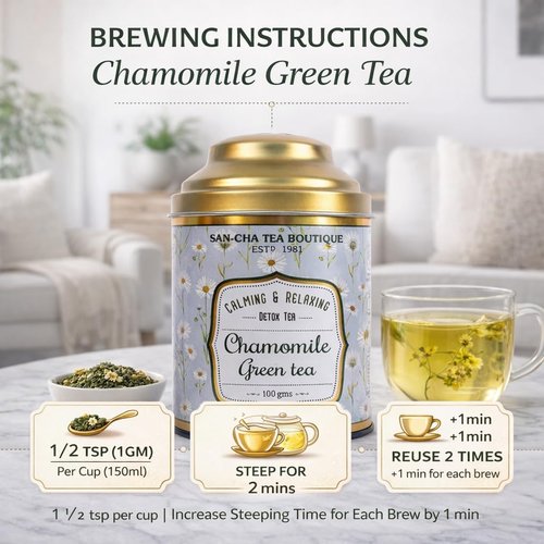 Sancha Tea Boutique, Chamomile Green Tea, Green Teas for Stress & Anxiety, Finest Bed time & Night Time, 100g Loose Leaves, Floral & Vegetal Notes