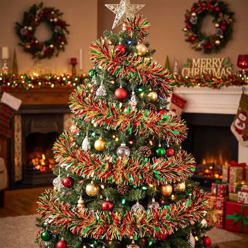 72 ft Red Green Gold Christmas Tinsel Garland – Foil Metallic Twist Streamer
