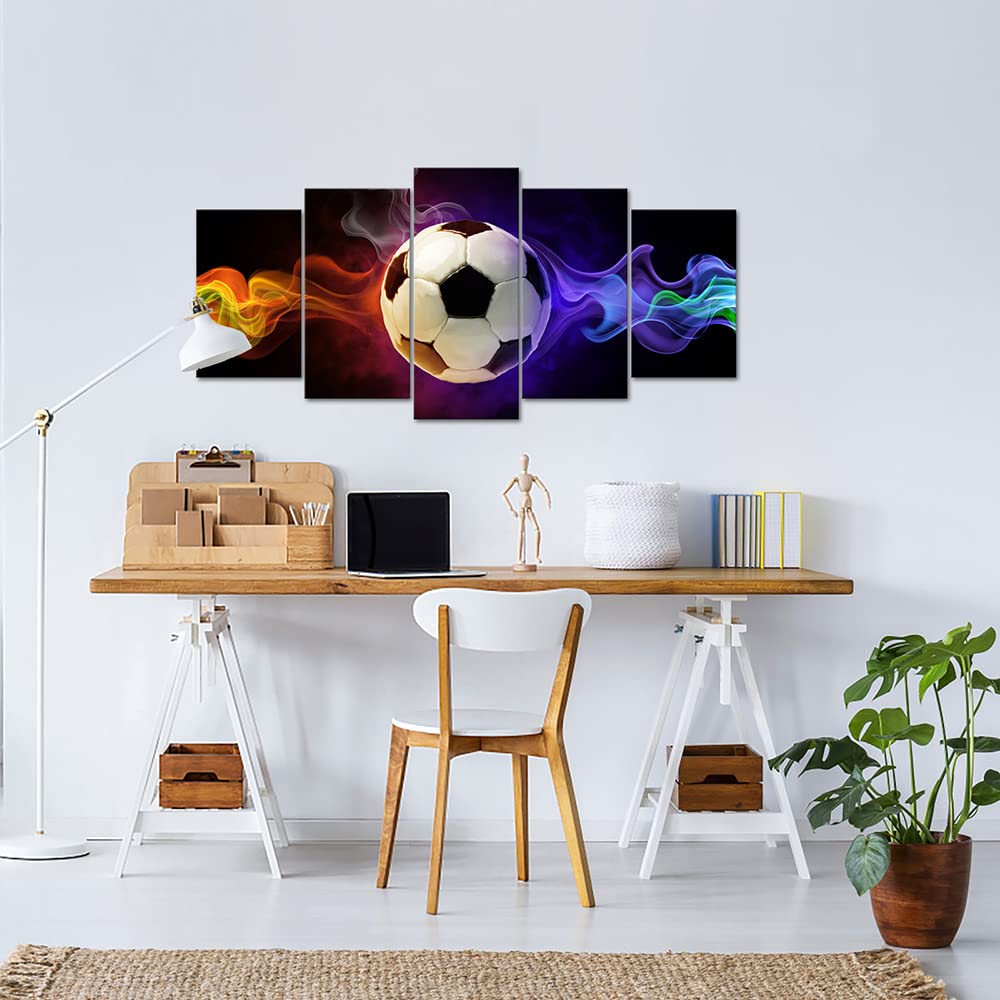 iLOOKLiKE 5 Panels Soccer Ball with Gold and Purple Fire on Black Backdrop Canvas Prints Wall Art Sports Themed Picture Posters for Boys Bedroom Football Canvas Artwork Home Office Wall Decor