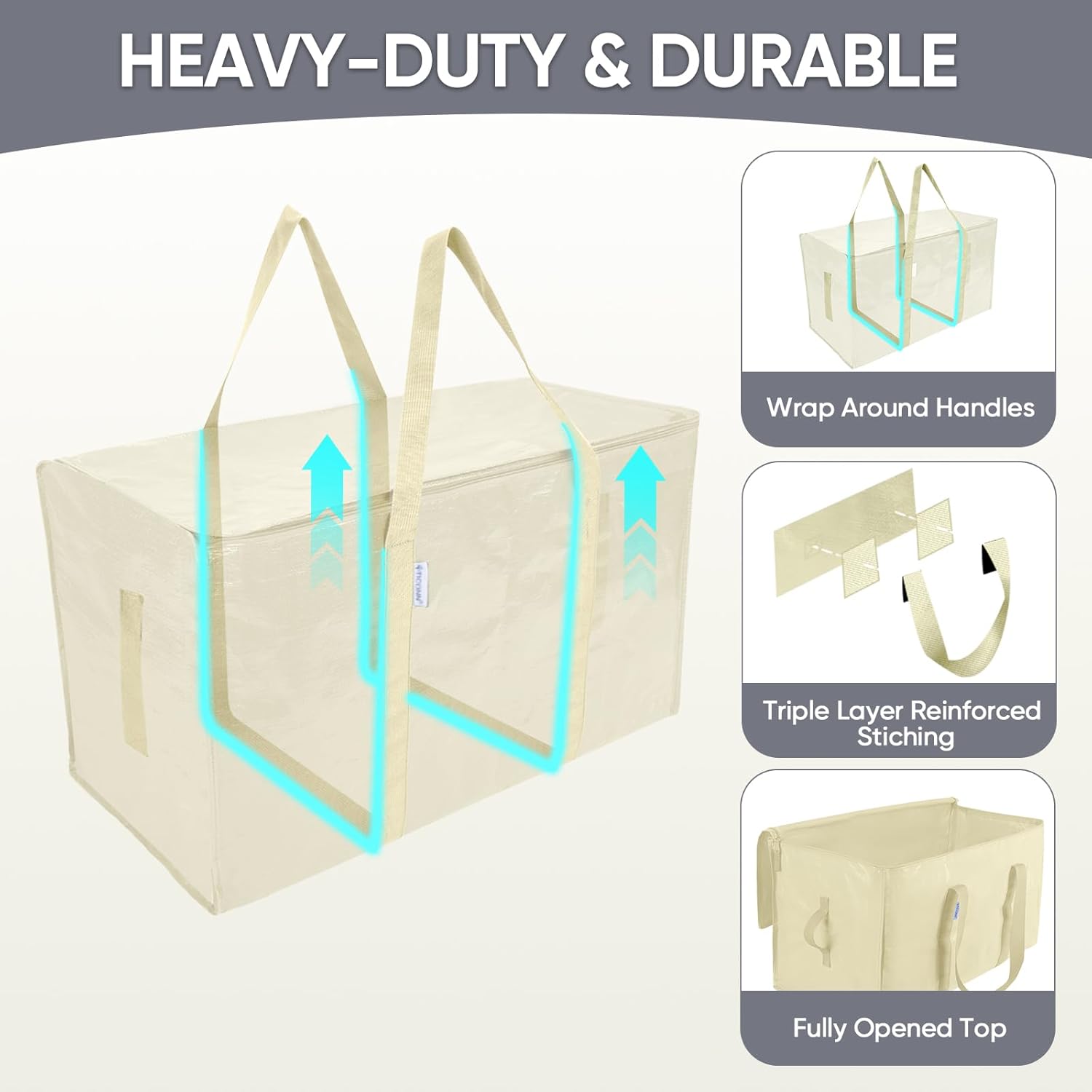 TICONN Extra Large Heavy Duty Moving Bags - Durable Storage with Zippers & Handles | 6 Pack, Cream