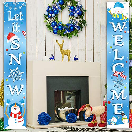 Blulu Let It Snow Welcome Front Door Porch Sign - Christmas Decoration Banner (Light Blue)