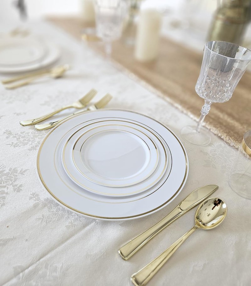 OCCASIONS 80 Plates Pack,(40 Guests) Heavyweight Premium Wedding Party Disposable Plastic Plates Set -40 x 10.5'' Dinner + 40 x 7.5'' Salad/Dessert (White & Gold Rim)
