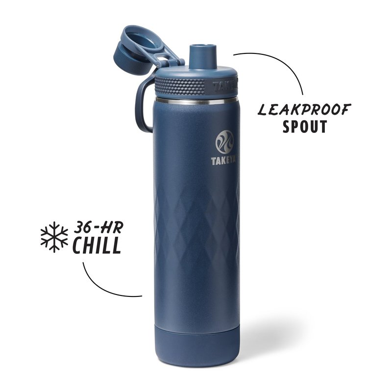 Takeya Sport Triple Insulated Water Bottle with Spout Lid and Ice Blocker (22 oz, Indigo) - Triple Wall, Leakproof, Stainless Steel Water Bottle for Gym & Outdoor Use