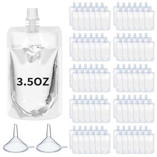 Meanplan 100 Pcs Plastic Pouches Bulk Reusable Squeeze Pouches Clear Plastic Juice Leak Proof Bags with Funnel for Party Favors Supplies(3.5 oz,Straight Mouth)