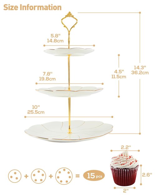 DUJUST Luxury Porcelain 3-Tier Cupcake Stand Tower, British Style Serving Tray with Golden Trim, Food Grade Dessert Display Stand, Beautiful Gift for Tea Party & Home Décor