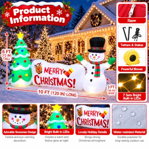 PTS 10ft Inflatable Christmas Snowman with Tree, LED Lights - Outdoor Yard Decor