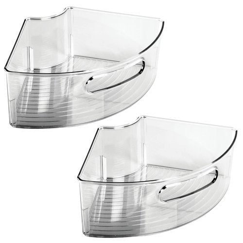 mDesign Plastic Lazy Susan Cabinet Storage Bin with Front Handle for Kitchen Countertop, Pantry, Shelf, Fridge Organization - Hold Food, Drinks, Snacks - Ligne Collection - 2 Pack - Smoke Gray Tint