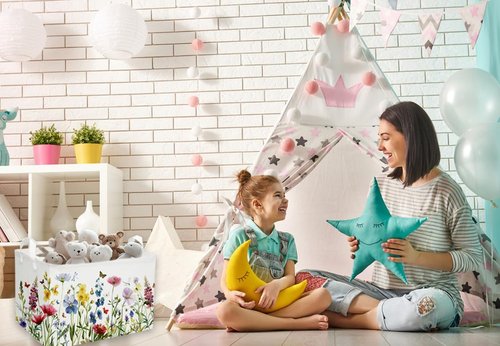 Sanjiaofen Rectangular Kids Baskets,Flower Basket.Cute Bins for Girls, Butterfly Basket with Handles.Books Basket,Gifts Bin. (Flower cluster)