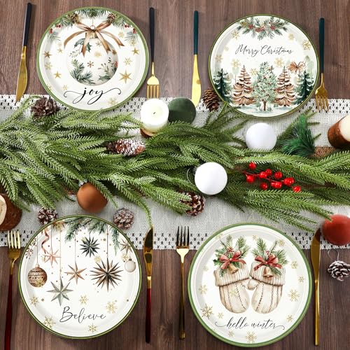 60 Pcs Christmas Disposable Paper Plates 9 Inch - Vintage Xmas Dinner Plates, 4 Styles, 60 Count, Fresh Style