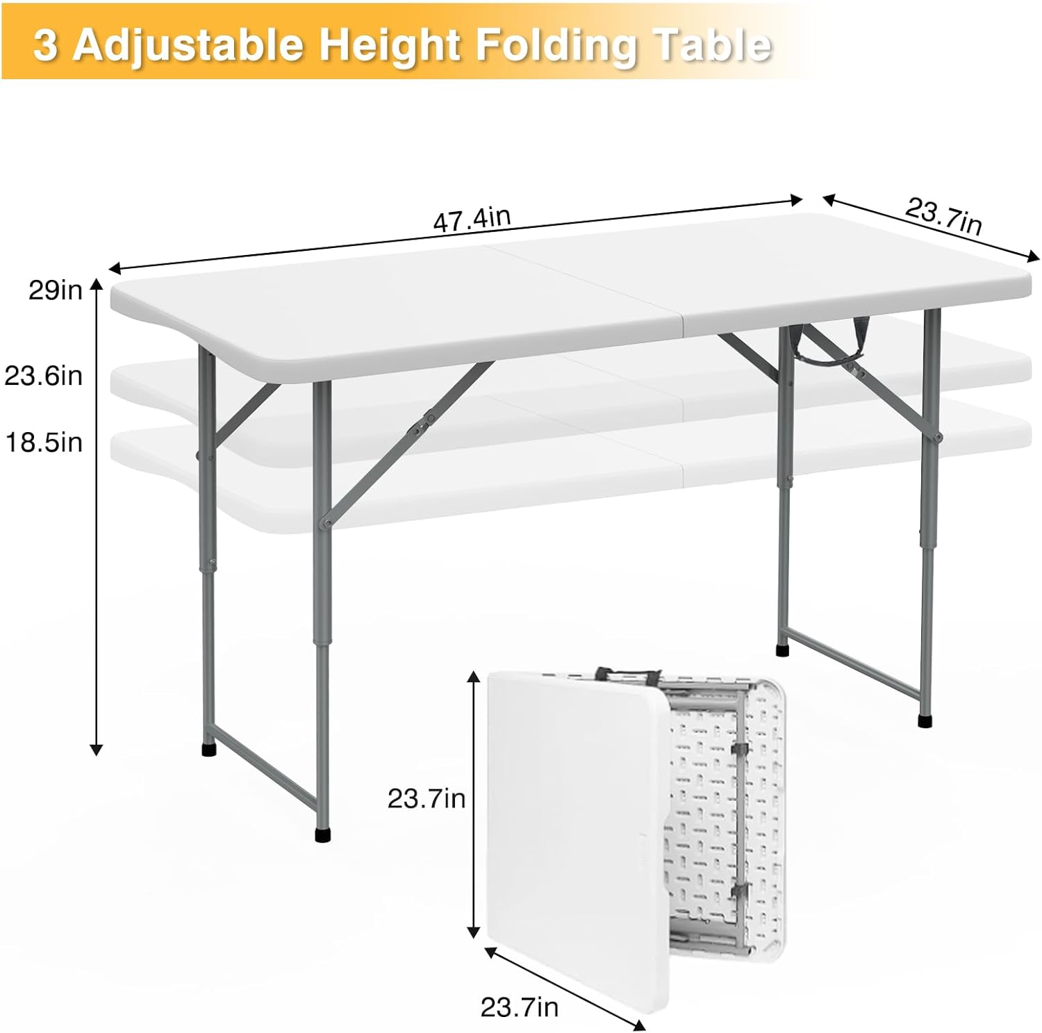 SKOK Folding Picnic Table - Adjustable Height 4/6/8 Foot Portable Plastic Table with Handle | Heavy-Duty Utility for Events