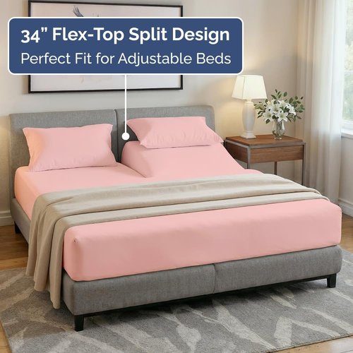 Flex Top Split Head King Sheet Set - Comfy Cooling Bed Sheets for Luxury Sleep - Deep Pockets, Soft Baby Pink
