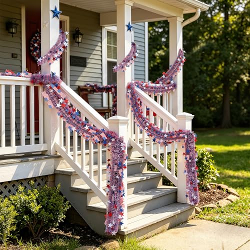 4th of July Patriotic Star Tinsel Garland - 50ft Red White & Blue Decor