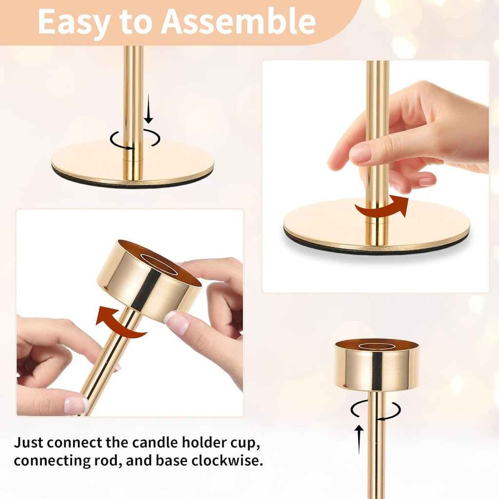 NUPTIO Tall Candlestick Holders - Elegant Hurricane Candle Holders with Ribbed Glass Sleeve | Gold Metal Set of 3 for Table & Fireplace Decor