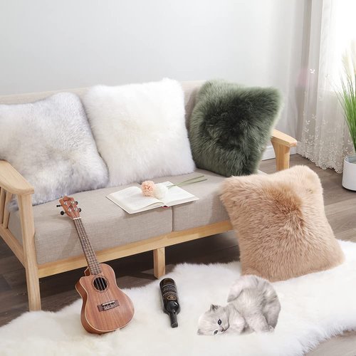 LLB Genuine Sheepskin Throw Pillow Covers Fluffy Decorative Square Couch Pillow Covers 18x18 Pillowcase for Sofa Bedroom Living Room, No Pillow Insert (Long Wool Cream Brown, 18x18 Inch (Pack of 1))